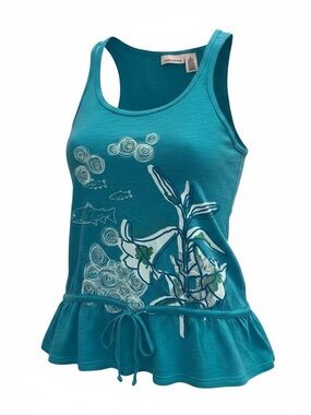 DKNY Teal Floral Graphic Ruffle-Hem Tank